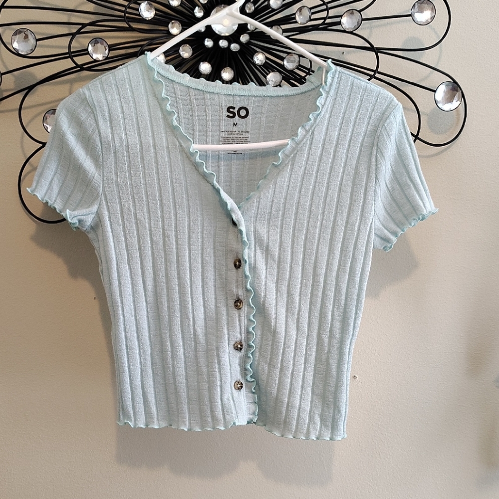 SO Green Ribbed Crop Button Down Shirt
